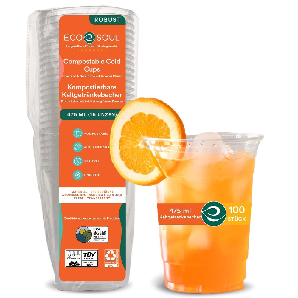 100 Pack Compostable Party Cups 16 oz Plant-Based Disposable Clear Cold Cup f…