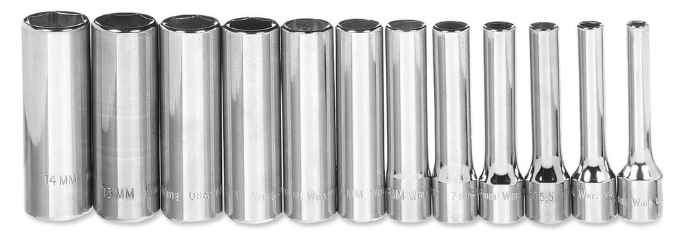 12pc 4 – 14mm 1/4″ Drive 6 Point Deep Chrome Clip Rail Socket Set Williams USA