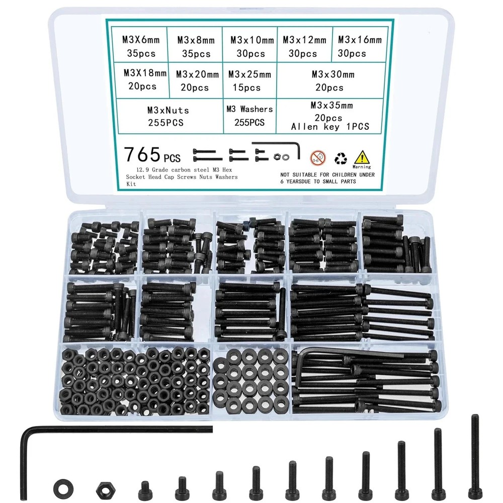 765 Pcs M3 Screws Bolts and Nuts Assortment Kit, Small Hex Socket with Washers