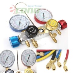 R410a R134a R12 R22 4 Way Valve Manifold Gauge + 4 Hoses Quick Adapter HVAC Kit