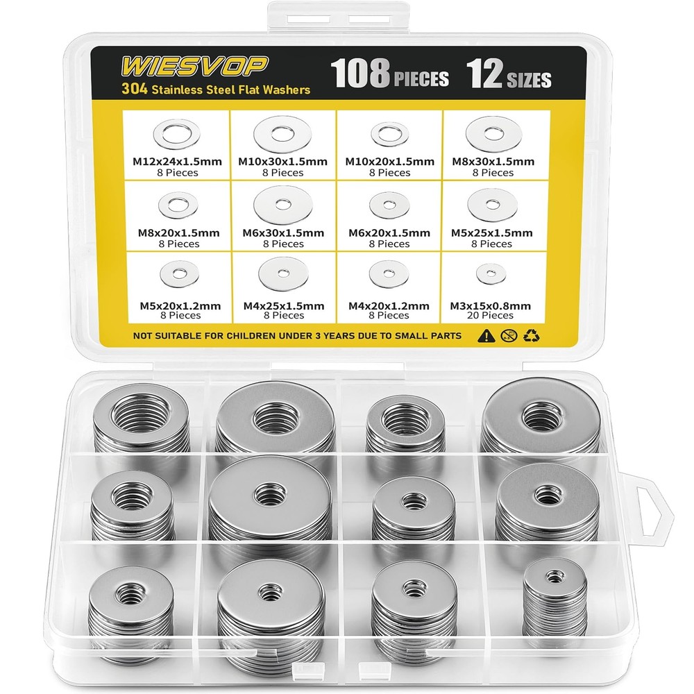 108PCS 304 Stainless Steel Fender Flat Washer Assortment Kit M3-M12 12 Sizes