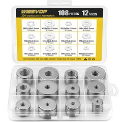 108PCS 304 Stainless Steel Fender Flat Washer Assortment Kit M3-M12 12 Sizes