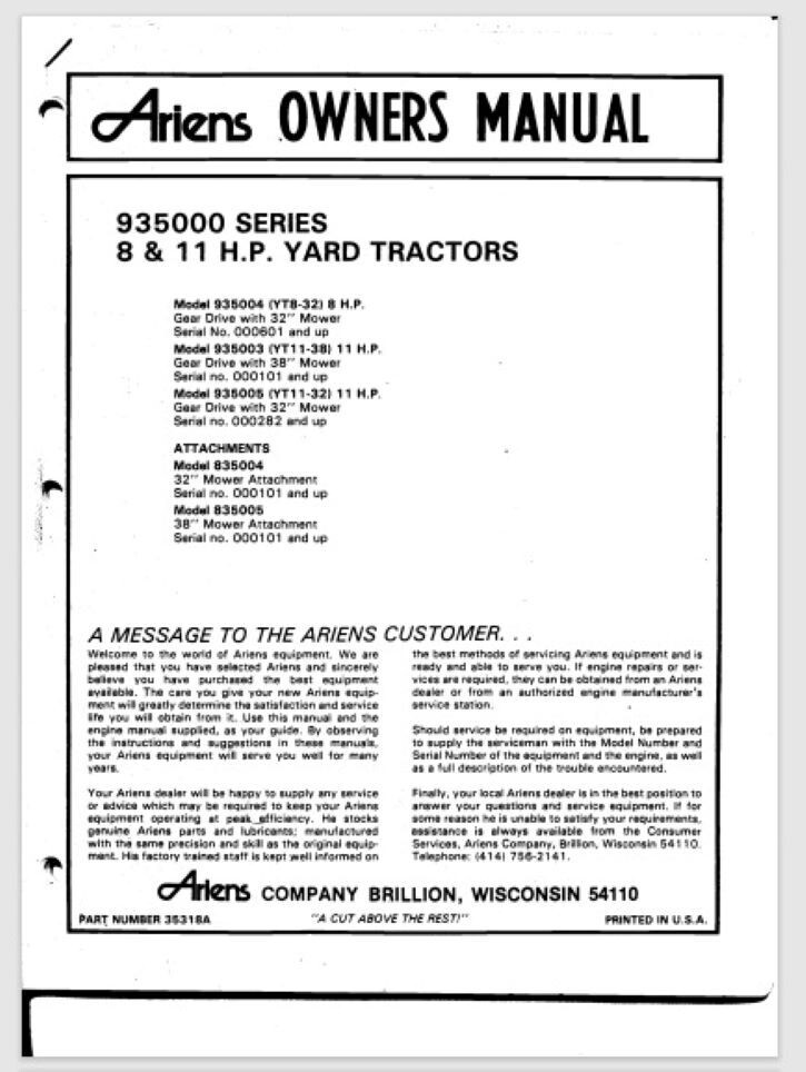 Ariens YT Riding Mower 935000 series 32″ 38″ Owner manual 40 pages