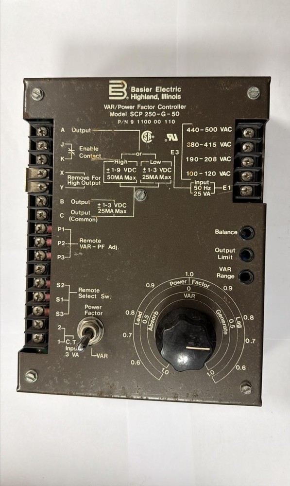 Basler Electric SCP 250-G-50 var/Power Factor Controller P/N 9 1100 00 110