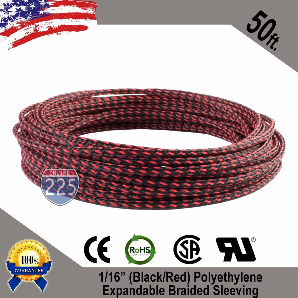 50 FT. 1/16″ Black Red Expandable Wire Sleeving Sheathing Braided Loom Tubing UL