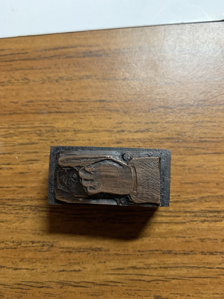 Vintage Small Letter Press Printing Block Pointing Finger Hand! Small Rare