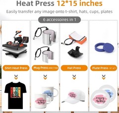 6 in 1 Heat Press Machine Sublimation Printing 12″x15″ For T-Shirt Mug Hat Plate