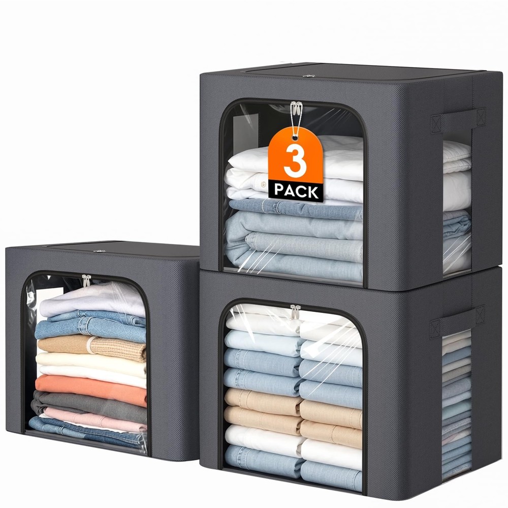 3 Pack Clothes Storage Bins with Metal Frame,40L Storage Bags Fabric Box Orga…