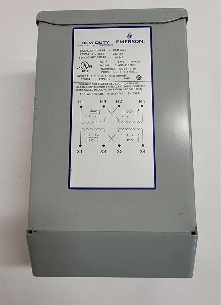 EMERSON HEVI-DUTY TRANSFORMER HS1F750B. 240/480V,1PH, .75KVA.