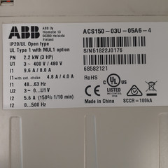 ABB ACS150-03U-05A6-4 Micro Drive 3-Phase 480VAC 3HP 03U N1/IP21 R1 Frame ACS150