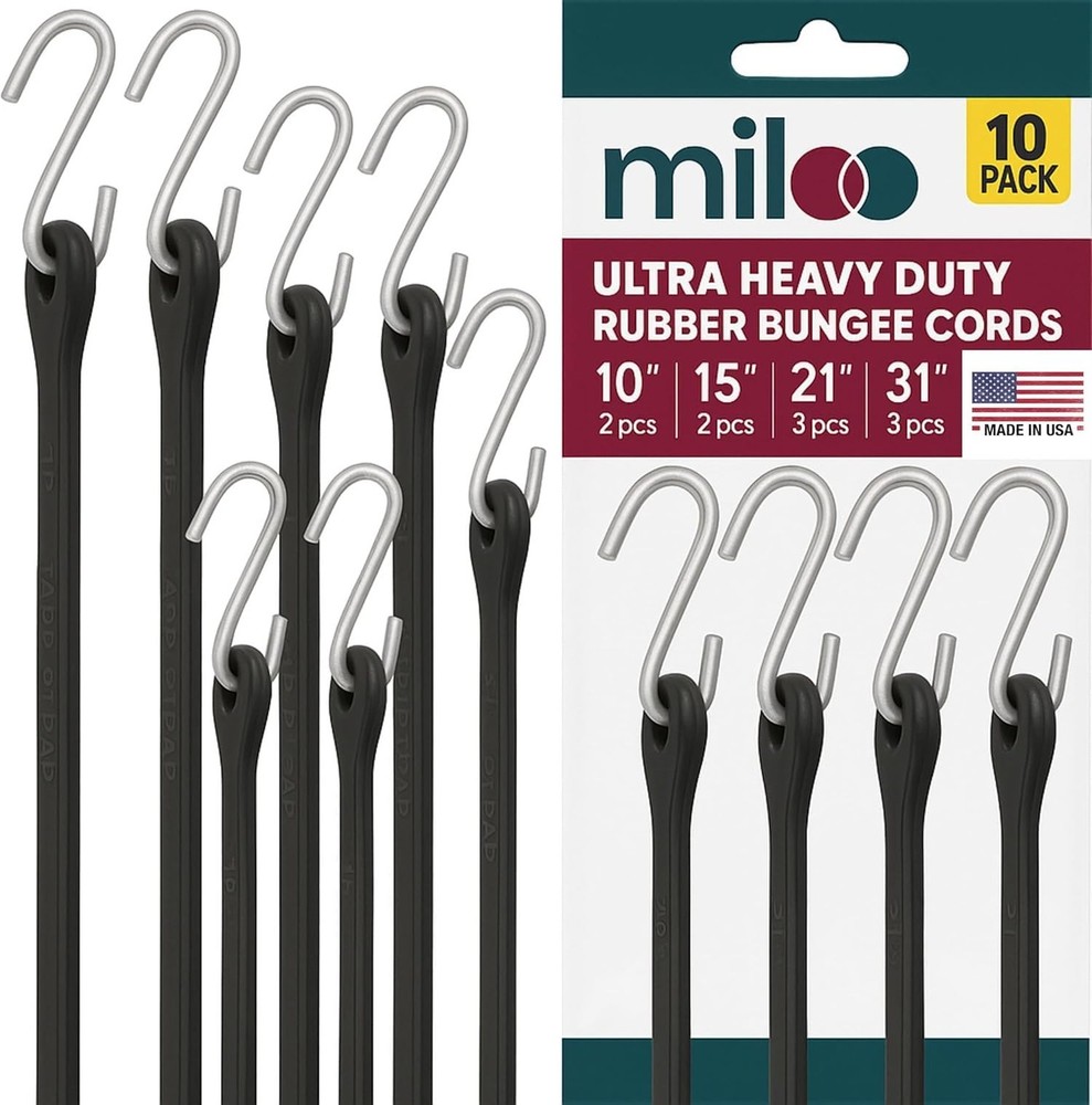 Miloo Rubber Bungee Cords with Hooks – Assorted Lengths EPDM Straps with C