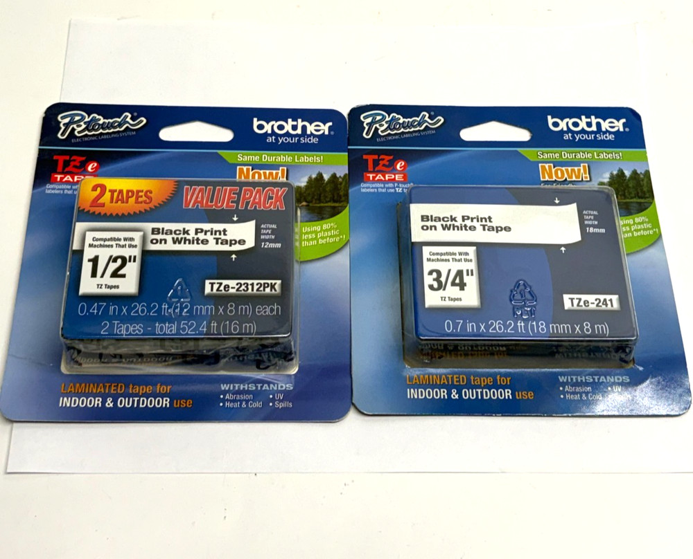 Brother P-Touch Tape Lot: (2) 1/2″ TZe-2312PK & (1) 3/4″ TZe-241 Black on White