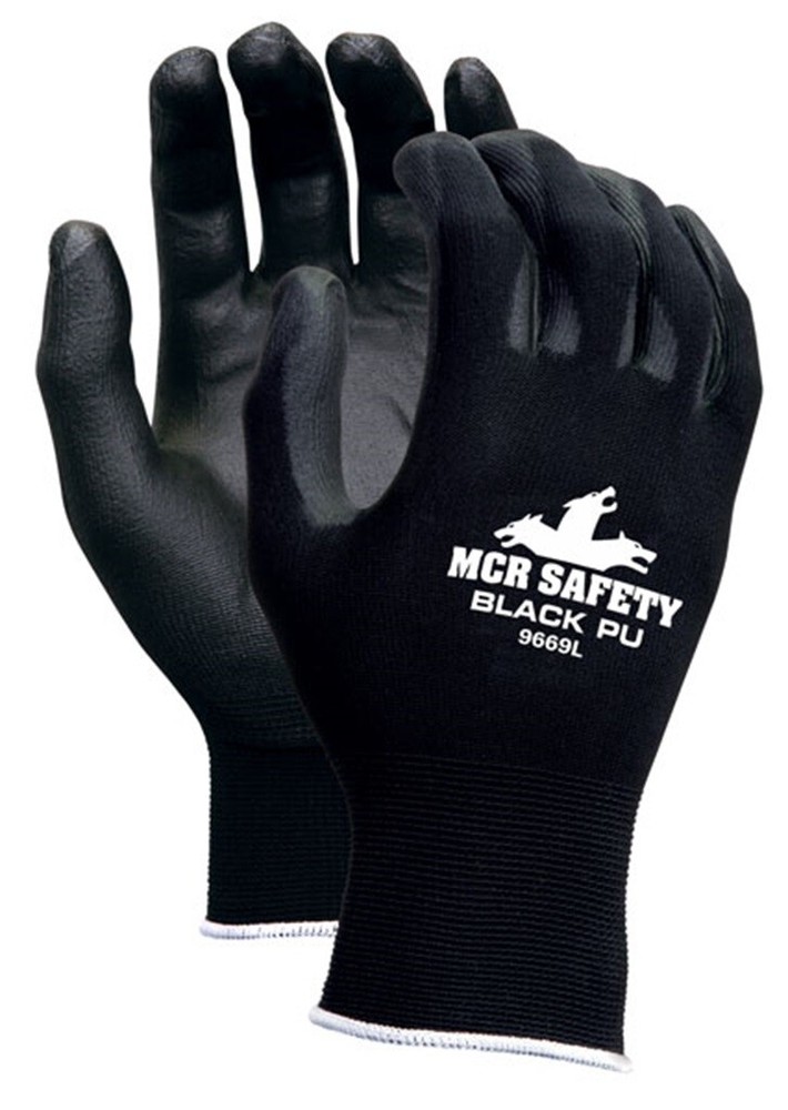 MCR Safety 9669, 13 Gauge Black Nylon Shell, Black PU Palm and Fingers
