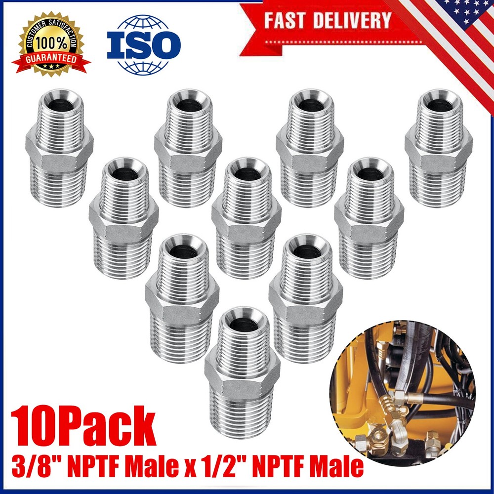 10 Pack Hydraulic Adapter Fittings: 3/8″ NPTF Male x 1/2″ NPTF Male with Cover