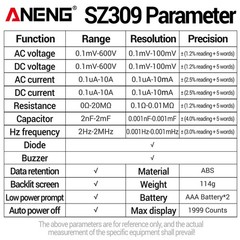 ANENG SZ309 Digital Multimeter 1999 Count AC/DC Voltage Current Resistance