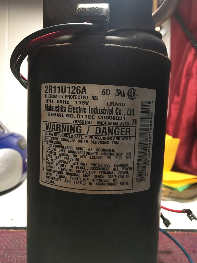 Matsushita model: 2R11U126A 6D 1PH 60Hz 115V LRA40 R22 Compressor