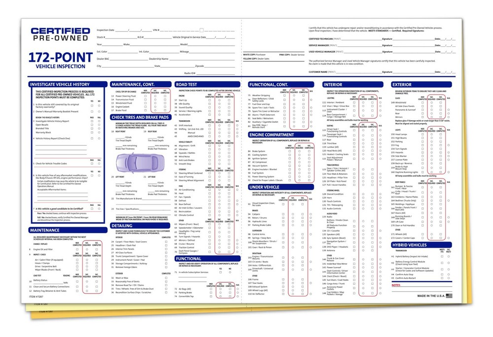172 POINT VISUAL INSPECTION CAR SHEET 2 PART FORM #172 POINT 100 PER PACK DEALER