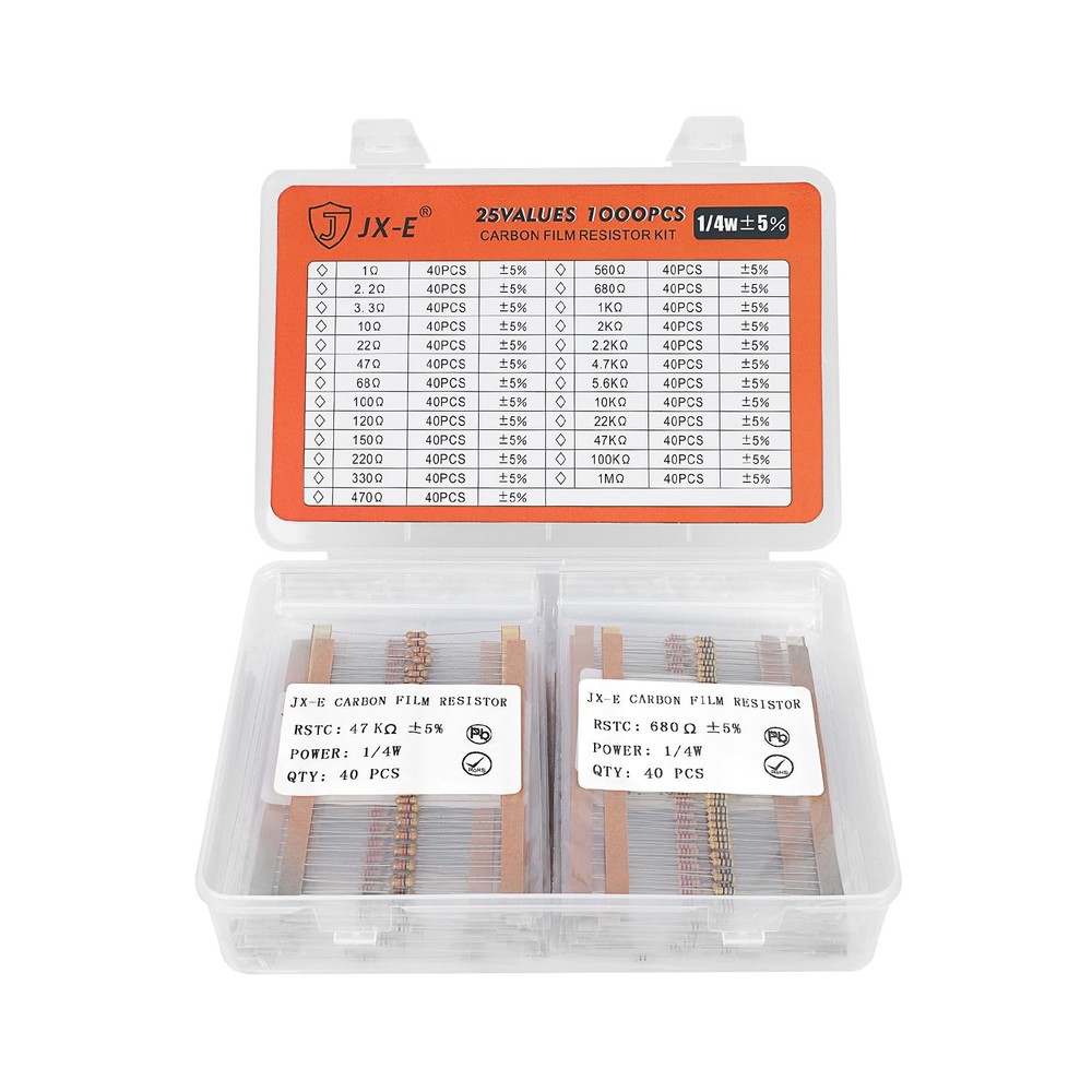 JX-E Resistors Assortment Kit, 1000 Pcs 25 Values 1 Ohm to 1M 1/4W…