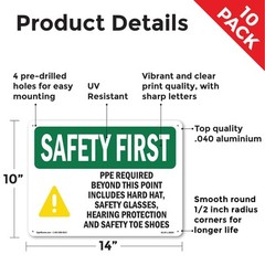PPE Required Beyond This Point With Symbol OSHA SAFETY FIRST Sign – 5 or 10 Pack