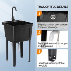Plastic Utility Sink, Freestanding Sink with Hot&Cold Faucet, Soap Dispenser