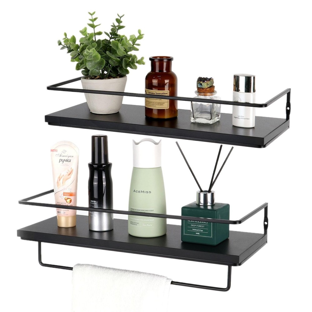 Floating Bathroom Shelves Set of 2 Wall Mounted Shelf with Black Metal Frame …