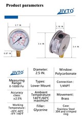 Pressure Gauge,Glycerin Filled,2-1/2″ Dia,0-100 PSI,1/4 NPT Lower Mount