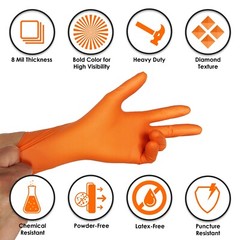 8 Mil Orange Disposable Nitrile Gloves. Raised Diamond Texture – Large- 10 Boxes