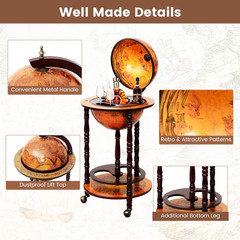 Mid-Century Retro Globe Bar Cart with Wheels & Antique World Map Design