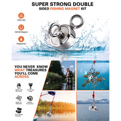 2000 LBS Strong Fishing Magnet Kit Double-Sided Pull Force and Rope Carabiner US