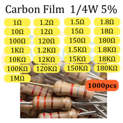 1000Pcs 1/4W 0.25W 1Ω 1.2Ω 1.5Ω 1.8Ω 1MΩ 120KΩ 150KΩ Carbon Film Resistor ±5%