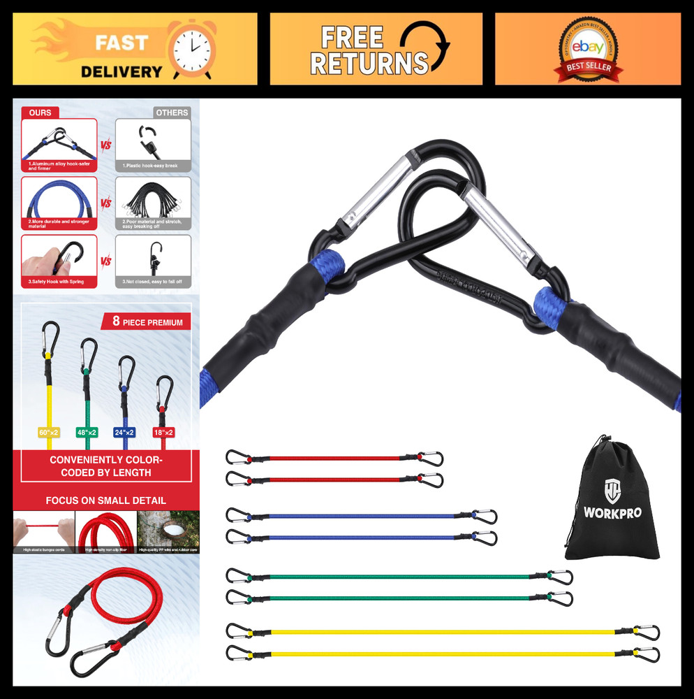Heavy Duty Bungee Cords Set – 8 PCS Assorted Lengths with Hooks & Storage Bag