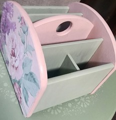 Cottage Core Pink Green Rotating Desk Organizer Handpainted Decoupage Wood Art