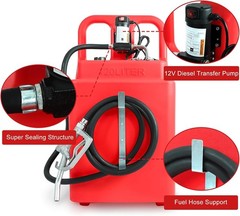 Portable 32 Gallon 120 L Fuel Tank with 12 V Diesel Pump 13 ft Delivery Hose Red