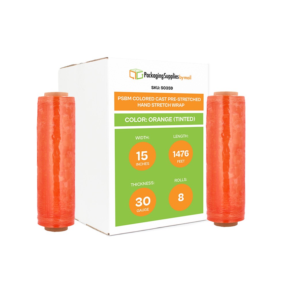 8 Rolls – Orange 15″ x 1476′ Packing Pre-Stretch Hand Shrink Wrap Film 30 Gauge