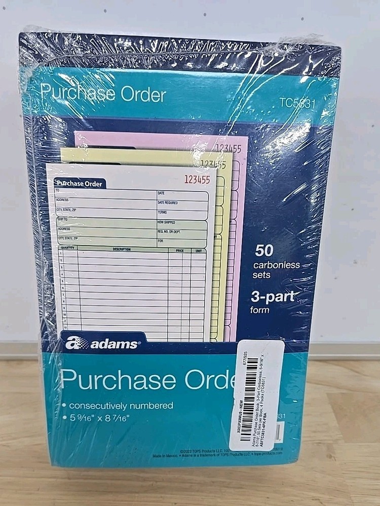 Adams TC5831 Purchase Order Book, 3-Part, Carbonless, 50 Sets Per Book : 4 Books
