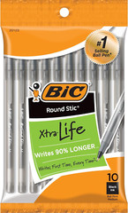 round Stic Xtra Life Black Ballpoint Pens, Medium Point (1.0Mm), 10-Count Pack o