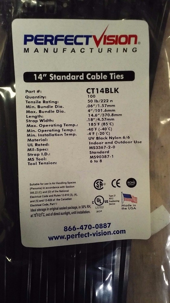 14″ Black Cable Ties Perfect Vision CT14BLK 100ct.