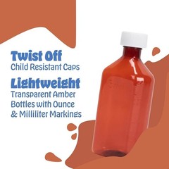 Amber Graduated Oval Liquid Medicine Bottles Plastic CR Caps Multiple Sizes