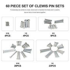 Universal 60 Pieces Clevis Pin Assortment 3/32 in,1/8 in and 5/32in Pin Hole