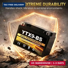 YTX9-BS 12V 9Ah AGM Sealed Motorcycle Battery, Maintenance-Free, Compatible with