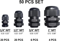 Relaxweex 50 Pcs 1/4″ 1/2″ 3/4″ 1″ NPT Black Nylon Cable Gland, Waterproof IP68