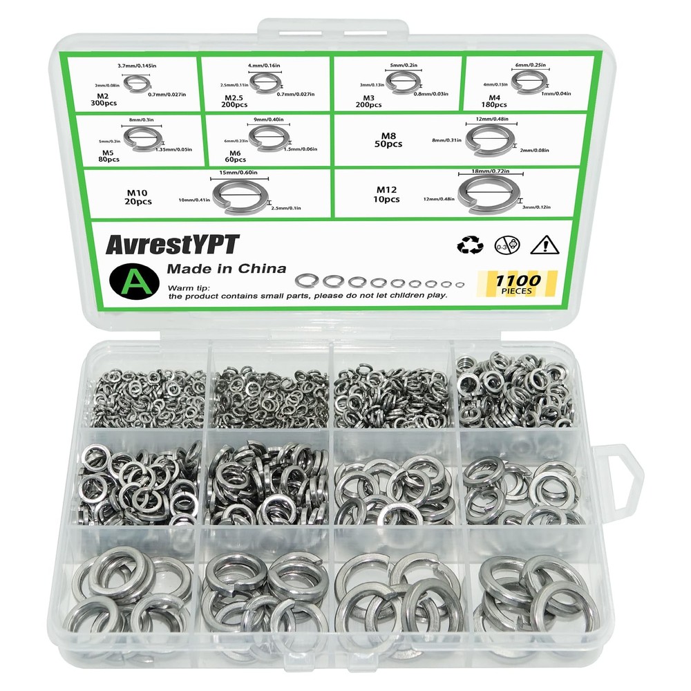 1100 Pcs Spring Lock Washers Assortment Kit Stainless Steel Washer