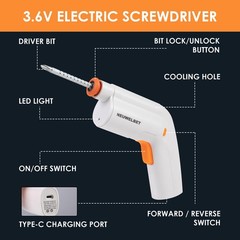 Electric Screwdriver 3.6V, 2000mAh USB-C Rechargeable, 14 PCS Kit – Compact +2.0