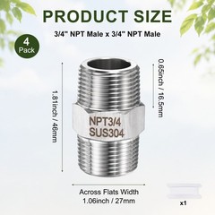 4-Pack 304 Stainless Steel 3/4″ NPT Male x 3/4″ NPT Male Hex Nipple Pipe Fitting