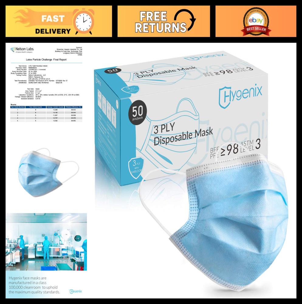 ASTM Level 3 Face Masks, FDA Cleared, 3-Ply, Fluid Resistant, ≥98% Filtration, 5