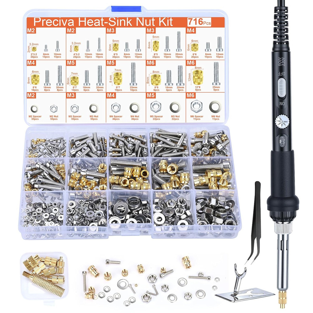 Threaded Inserts Set, 716Pcs Heat Set Inserts Nuts Bolts with M2 M3 M4