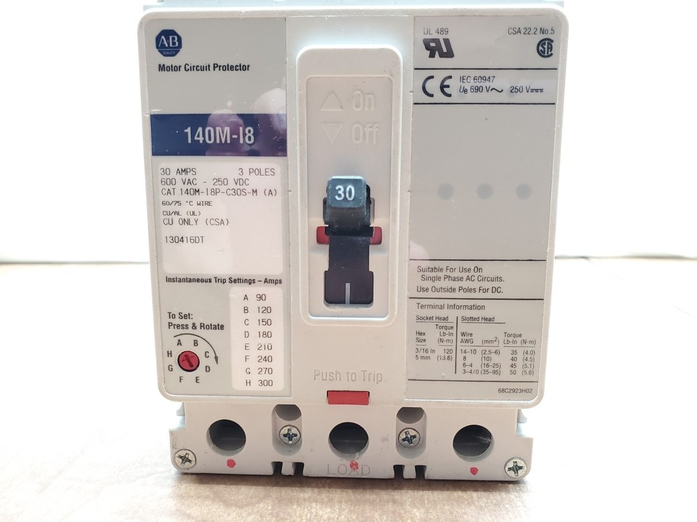 Allen Bradley Motor Circuit Protector 140M-I8P-C30S-M 50 A 3 Poles 600V 250 VDC