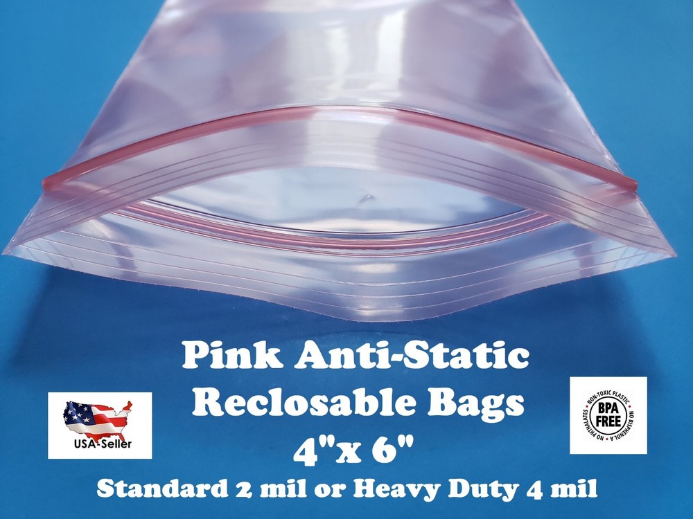 4″ x 6″ Anti Static Pink 2 or 4-Mil Zip Seal HEAVY-DUTY Reclosable Top Lock Bags