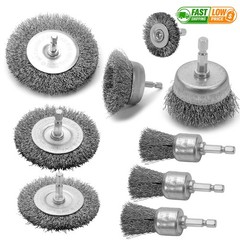 9pc Wire Brush Drill Set 1/4 Hex Shank Carbon Steel Paint Rust Removal