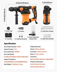 VEVOR Rotary Hammer Drill Corded Drills 1-1/4″ 4 Modes SDS-Plus Chipping Hammers